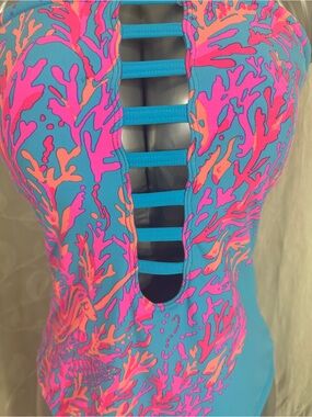 Lilly Pulitzer Turquoise One-Piece Swimsuit with Pink & Orange Coral Print